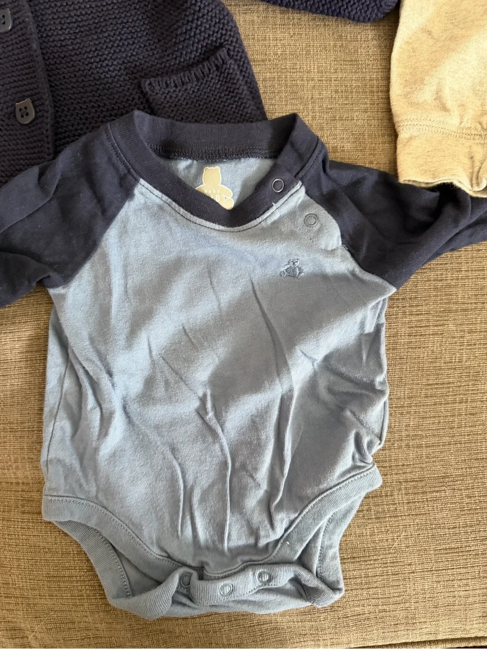 Gap Boy Set - Navy Hooded knit cardigan, Blue Bodysuit, Light Gray Pants